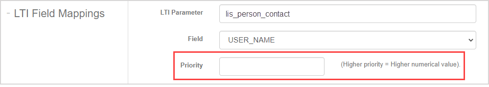 The Priority field is the last field on the LTI field mappings page.